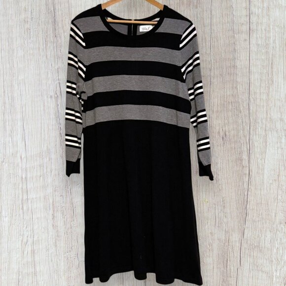NWT ELIZA J Plus Black Gray Striped Fit & Flare Knit Sweater Dress 2X - Picture 1 of 9